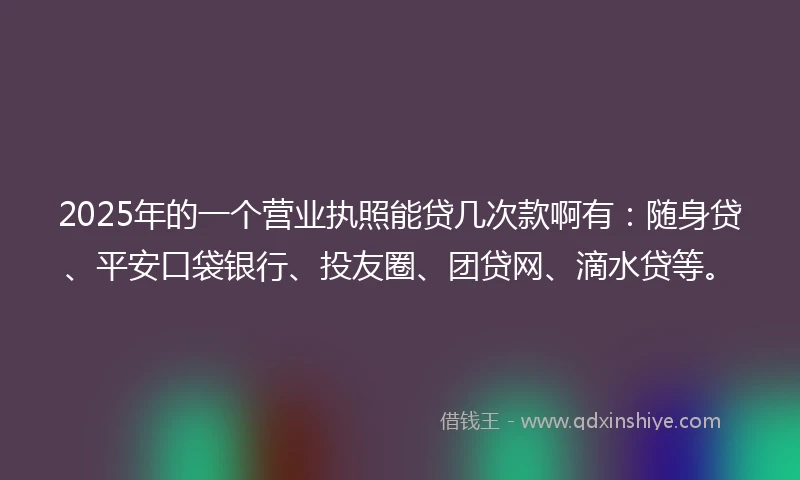 2025年的一个营业执照能贷几次款啊有：随身贷、平安口袋银行、投友圈、团贷网、滴水贷等。