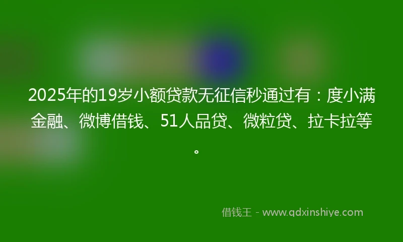 2025年的19岁小额贷款无征信秒通过有：度小满金融、微博借钱、51人品贷、微粒贷、拉卡拉等。
