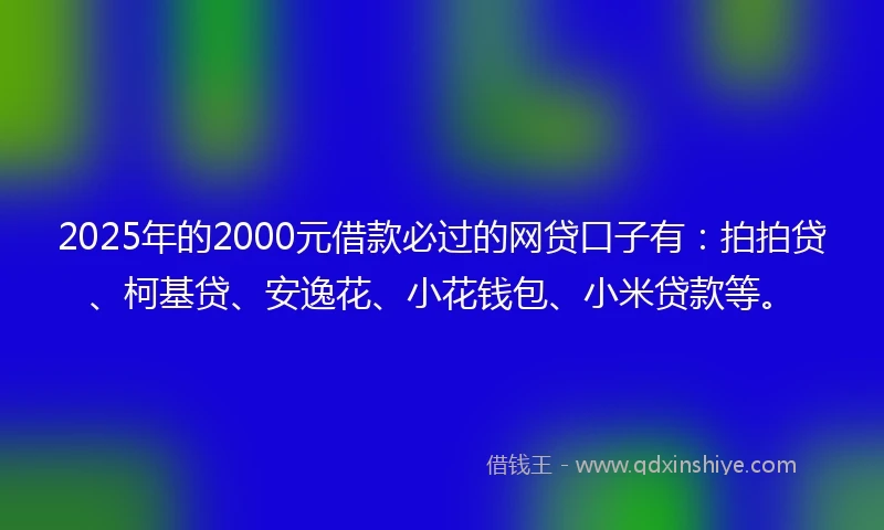 2025年的2000元借款必过的网贷口子有：拍拍贷、柯基贷、安逸花、小花钱包、小米贷款等。
