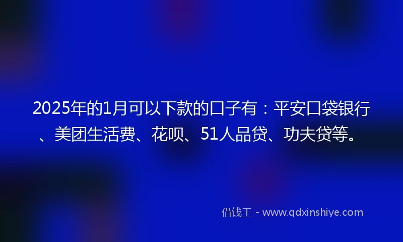 2025年的1月可以下款的口子有：平安口袋银行、美团生活费、花呗、51人品贷、功夫贷等。
