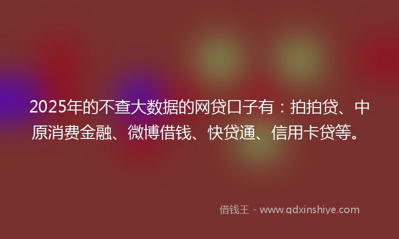 2025年的不查大数据的网贷口子有：拍拍贷、中原消费金融、微博借钱、快贷通、信用卡贷等。