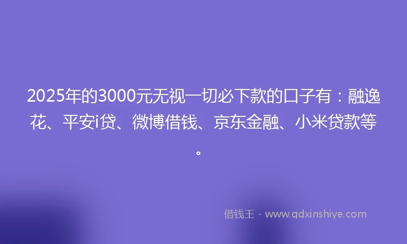 2025年的3000元无视一切必下款的口子有：融逸花、平安i贷、微博借钱、京东金融、小米贷款等。