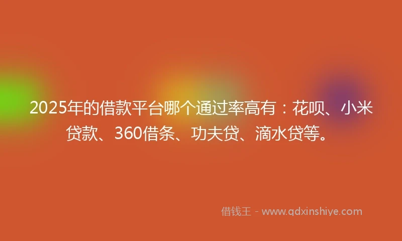 2025年的借款平台哪个通过率高有：花呗、小米贷款、360借条、功夫贷、滴水贷等。