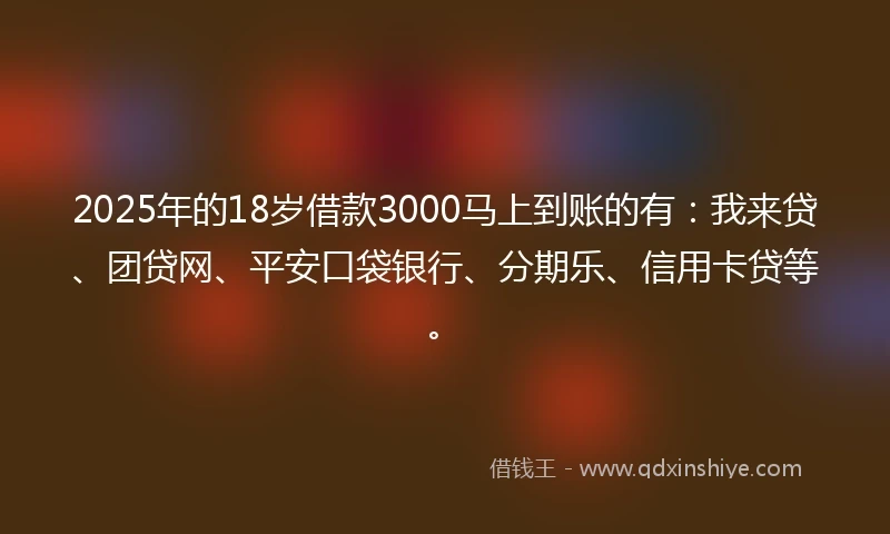2025年的18岁借款3000马上到账的有：我来贷、团贷网、平安口袋银行、分期乐、信用卡贷等。