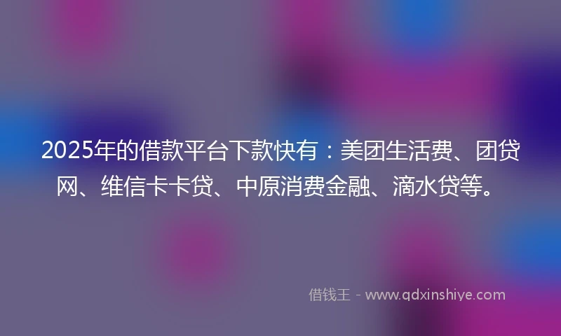2025年的借款平台下款快有：美团生活费、团贷网、维信卡卡贷、中原消费金融、滴水贷等。