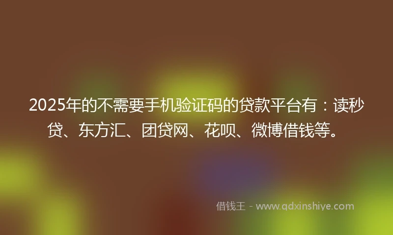 2025年的不需要手机验证码的贷款平台有：读秒贷、东方汇、团贷网、花呗、微博借钱等。