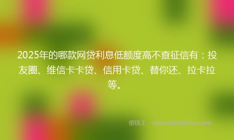 2025年的哪款网贷利息低额度高不查征信有：投友圈、维信卡卡贷、信用卡贷、替你还、拉卡拉等。