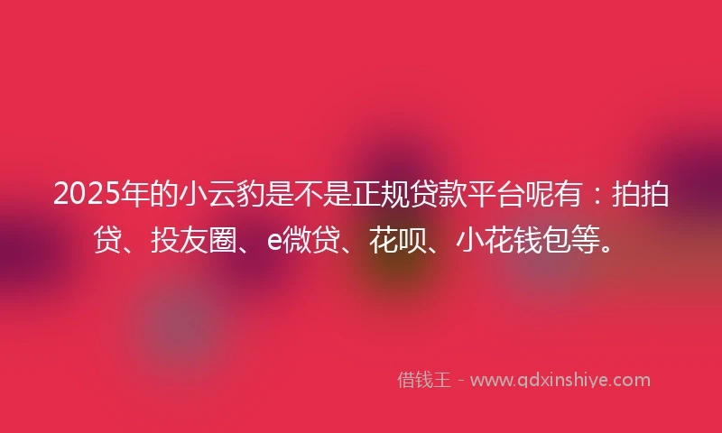2025年的小云豹是不是正规贷款平台呢有：拍拍贷、投友圈、e微贷、花呗、小花钱包等。
