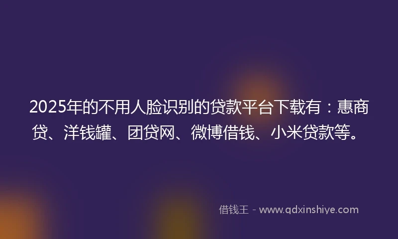 2025年的不用人脸识别的贷款平台下载有：惠商贷、洋钱罐、团贷网、微博借钱、小米贷款等。