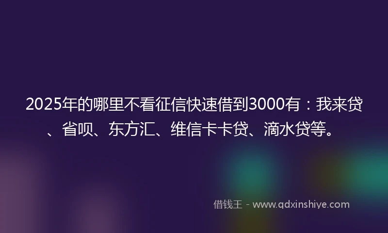 2025年的哪里不看征信快速借到3000有：我来贷、省呗、东方汇、维信卡卡贷、滴水贷等。