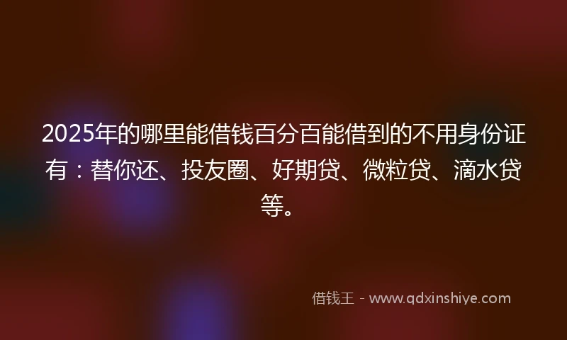 2025年的哪里能借钱百分百能借到的不用身份证有：替你还、投友圈、好期贷、微粒贷、滴水贷等。