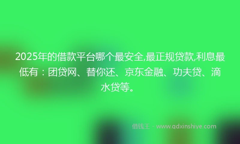 2025年的借款平台哪个最安全,最正规贷款,利息最低有：团贷网、替你还、京东金融、功夫贷、滴水贷等。