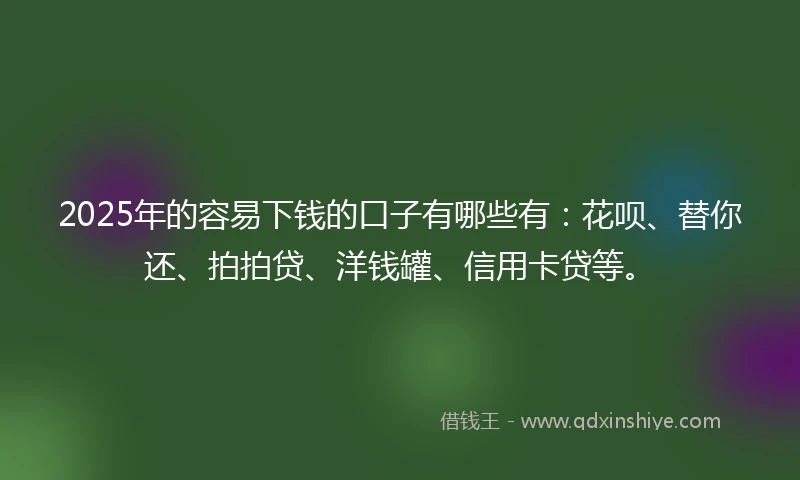 2025年的容易下钱的口子有哪些有：花呗、替你还、拍拍贷、洋钱罐、信用卡贷等。