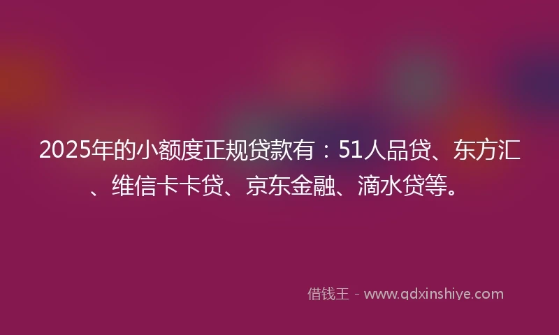 2025年的小额度正规贷款有：51人品贷、东方汇、维信卡卡贷、京东金融、滴水贷等。