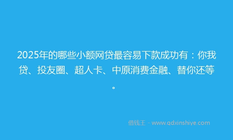 2025年的哪些小额网贷最容易下款成功有：你我贷、投友圈、超人卡、中原消费金融、替你还等。
