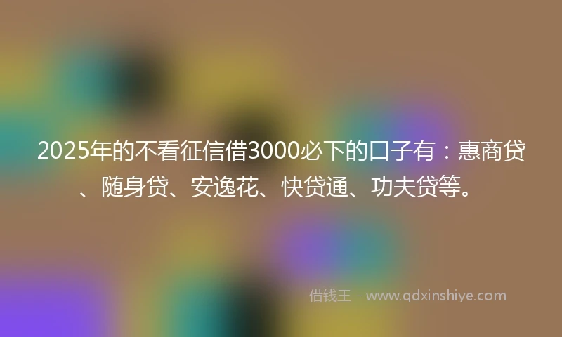 2025年的不看征信借3000必下的口子有：惠商贷、随身贷、安逸花、快贷通、功夫贷等。