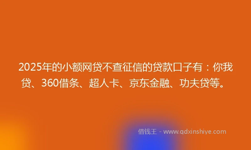 2025年的小额网贷不查征信的贷款口子有：你我贷、360借条、超人卡、京东金融、功夫贷等。