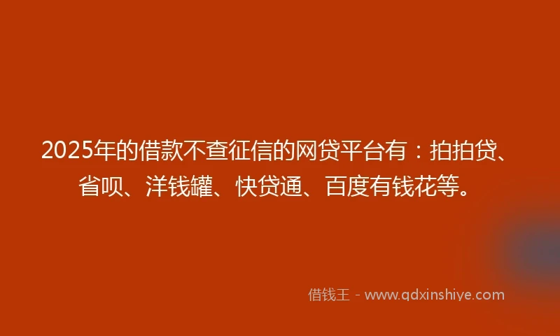2025年的借款不查征信的网贷平台有：拍拍贷、省呗、洋钱罐、快贷通、百度有钱花等。