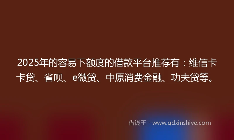 2025年的容易下额度的借款平台推荐有：维信卡卡贷、省呗、e微贷、中原消费金融、功夫贷等。