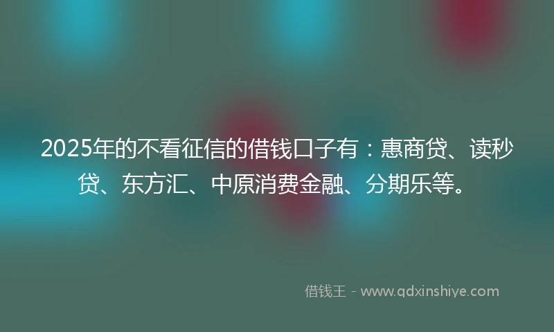 2025年的不看征信的借钱口子有：惠商贷、读秒贷、东方汇、中原消费金融、分期乐等。
