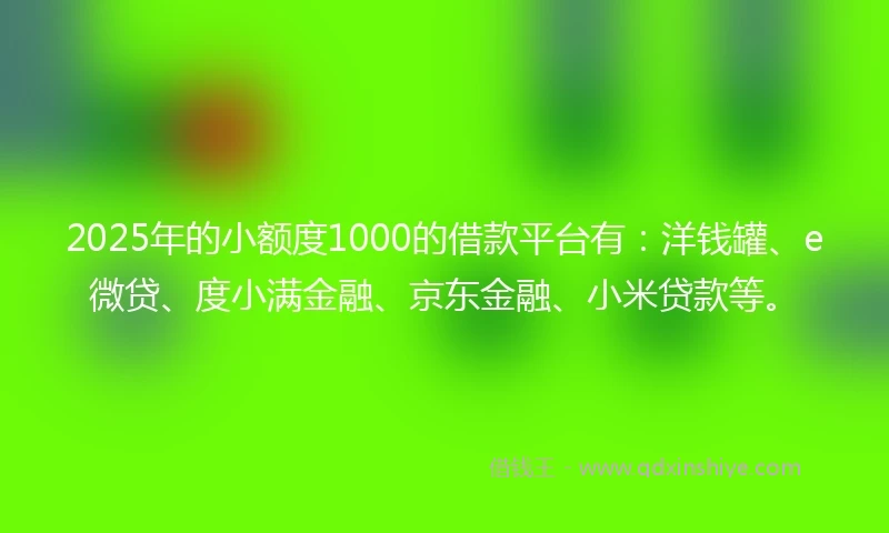 2025年的小额度1000的借款平台有:洋钱罐、e微贷、度小满金融、京东金融、小米贷款等。