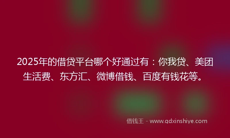 2025年的借贷平台哪个好通过有：你我贷、美团生活费、东方汇、微博借钱、百度有钱花等。