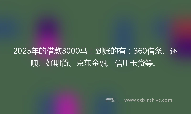 2025年的借款3000马上到账的有：360借条、还呗、好期贷、京东金融、信用卡贷等。