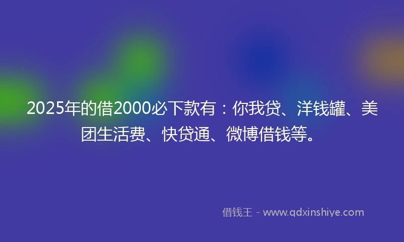 2025年的借2000必下款有：你我贷、洋钱罐、美团生活费、快贷通、微博借钱等。