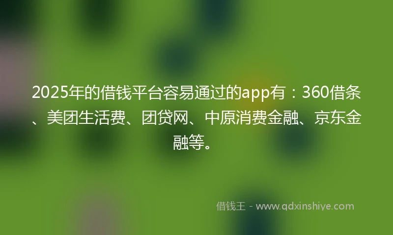 2025年的借钱平台容易通过的app有：360借条、美团生活费、团贷网、中原消费金融、京东金融等。