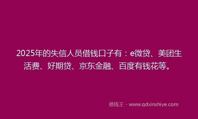 2025年的失信人员借钱口子有：e微贷、美团生活费、好期贷、京东金融、百度有钱花等。