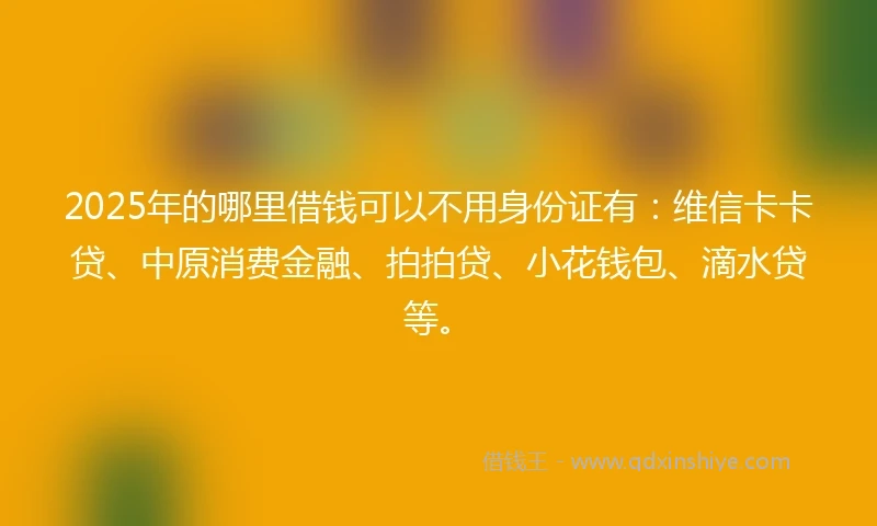 2025年的哪里借钱可以不用身份证有：维信卡卡贷、中原消费金融、拍拍贷、小花钱包、滴水贷等。