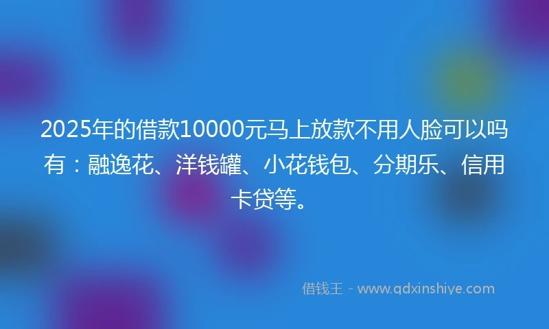 2025年的借款10000元马上放款不用人脸可以吗有：融逸花、洋钱罐、小花钱包、分期乐、信用卡贷等。