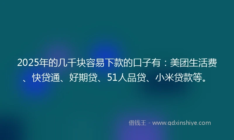 2025年的几千块容易下款的口子有：美团生活费、快贷通、好期贷、51人品贷、小米贷款等。