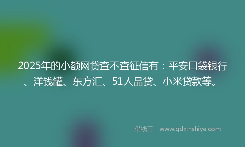2025年的小额网贷查不查征信有：平安口袋银行、洋钱罐、东方汇、51人品贷、小米贷款等。