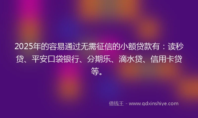 2025年的容易通过无需征信的小额贷款有：读秒贷、平安口袋银行、分期乐、滴水贷、信用卡贷等。
