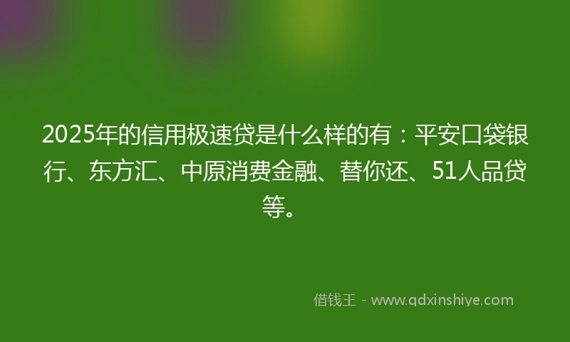 2025年的信用极速贷是什么样的有：平安口袋银行、东方汇、中原消费金融、替你还、51人品贷等。