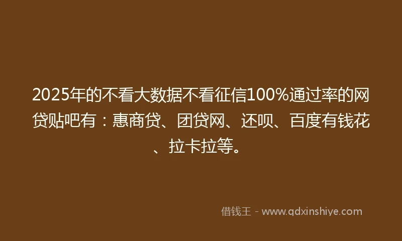 2025年的不看大数据不看征信100%通过率的网贷贴吧有：惠商贷、团贷网、还呗、百度有钱花、拉卡拉等。