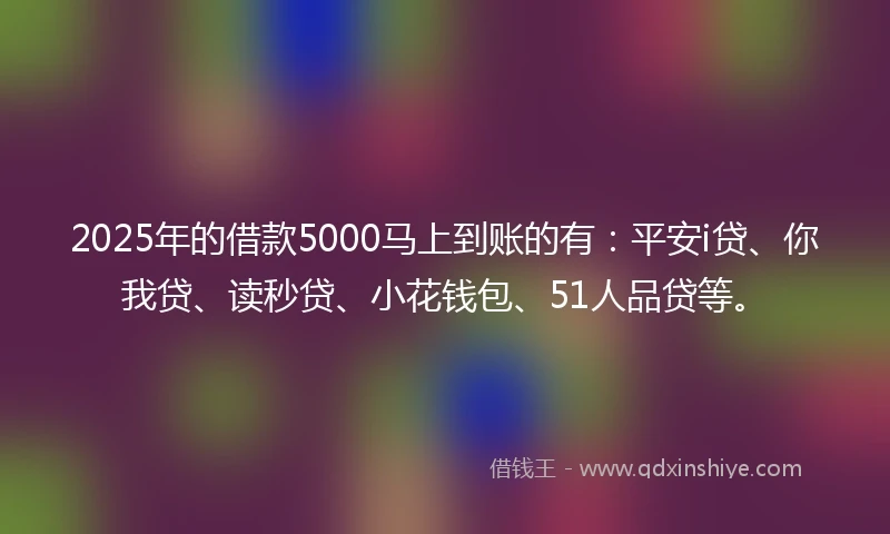 2025年的借款5000马上到账的有：平安i贷、你我贷、读秒贷、小花钱包、51人品贷等。