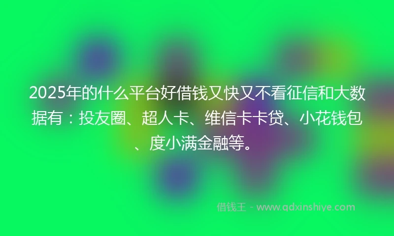 2025年的什么平台好借钱又快又不看征信和大数据有：投友圈、超人卡、维信卡卡贷、小花钱包、度小满金融等。