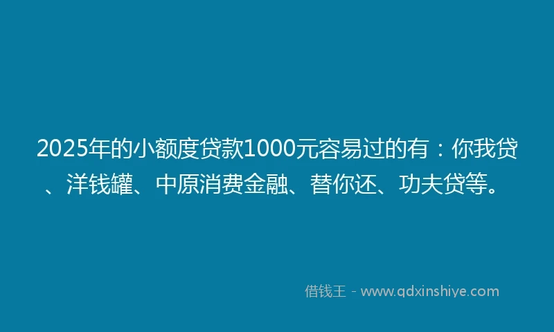 2025年的小额度贷款1000元容易过的有：你我贷、洋钱罐、中原消费金融、替你还、功夫贷等。