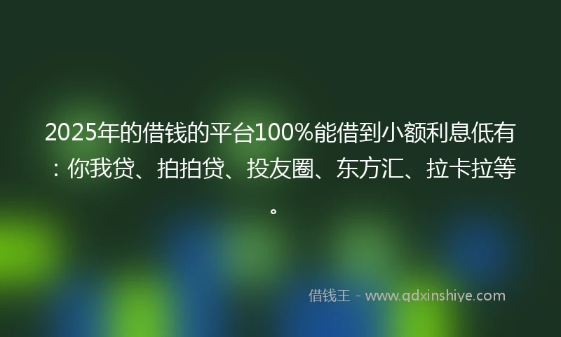 2025年的借钱的平台100%能借到小额利息低有：你我贷、拍拍贷、投友圈、东方汇、拉卡拉等。