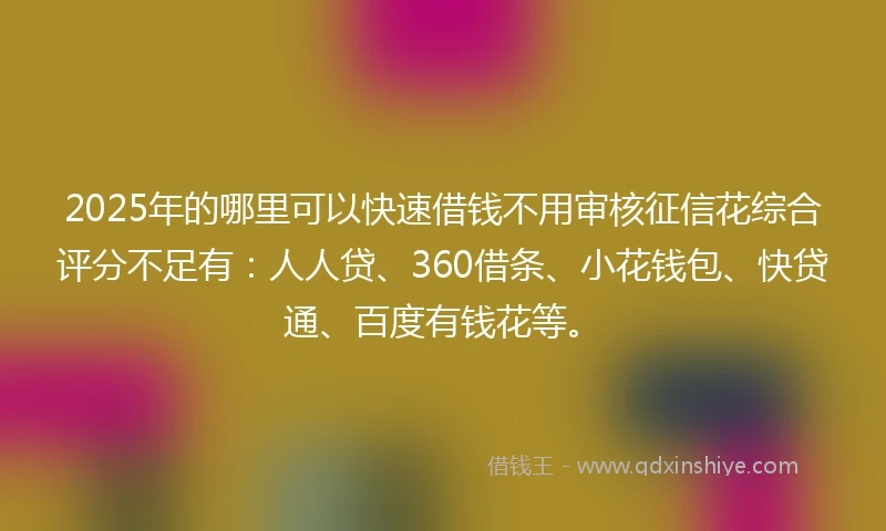 2025年的哪里可以快速借钱不用审核征信花综合评分不足有：人人贷、360借条、小花钱包、快贷通、百度有钱花等。