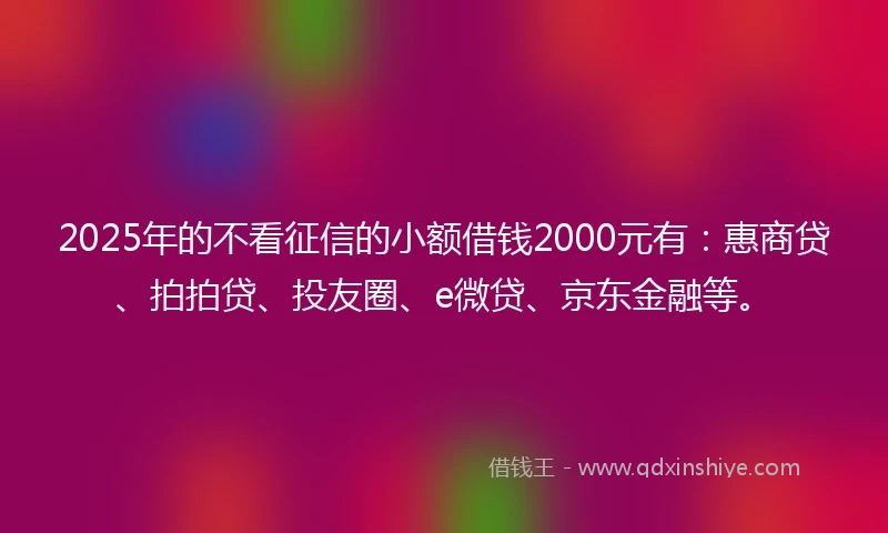 2025年的不看征信的小额借钱2000元有：惠商贷、拍拍贷、投友圈、e微贷、京东金融等。