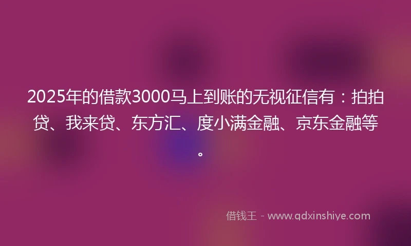 2025年的借款3000马上到账的无视征信有：拍拍贷、我来贷、东方汇、度小满金融、京东金融等。