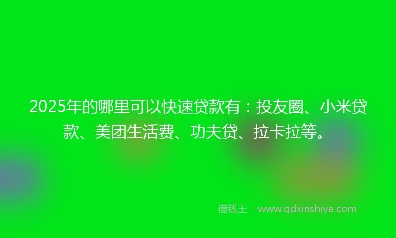 2025年的哪里可以快速贷款有：投友圈、小米贷款、美团生活费、功夫贷、拉卡拉等。