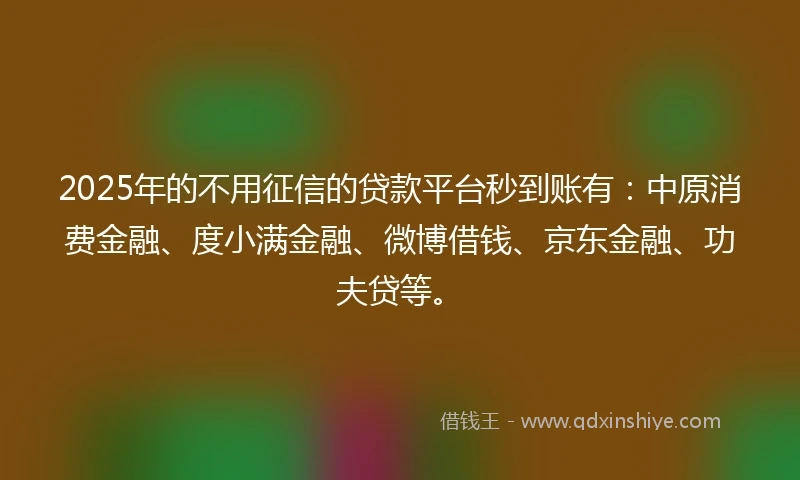 2025年的不用征信的贷款平台秒到账有：中原消费金融、度小满金融、微博借钱、京东金融、功夫贷等。