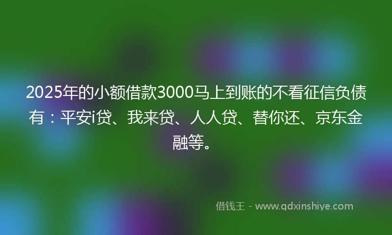 2025年的小额借款3000马上到账的不看征信负债有：平安i贷、我来贷、人人贷、替你还、京东金融等。