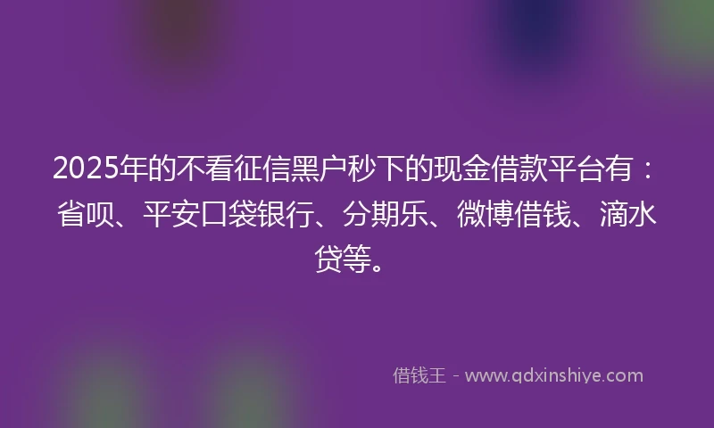 2025年的不看征信黑户秒下的现金借款平台有：省呗、平安口袋银行、分期乐、微博借钱、滴水贷等。
