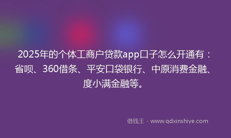 2025年的个体工商户贷款app口子怎么开通有：省呗、360借条、平安口袋银行、中原消费金融、度小满金融等。