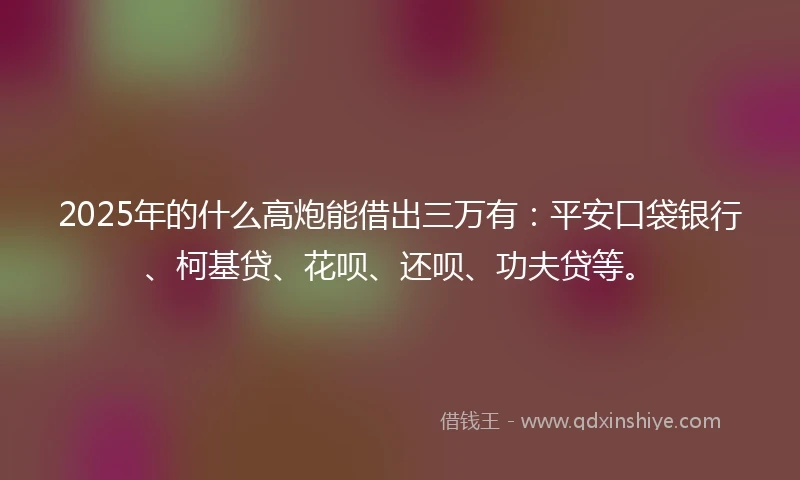 2025年的什么高炮能借出三万有：平安口袋银行、柯基贷、花呗、还呗、功夫贷等。